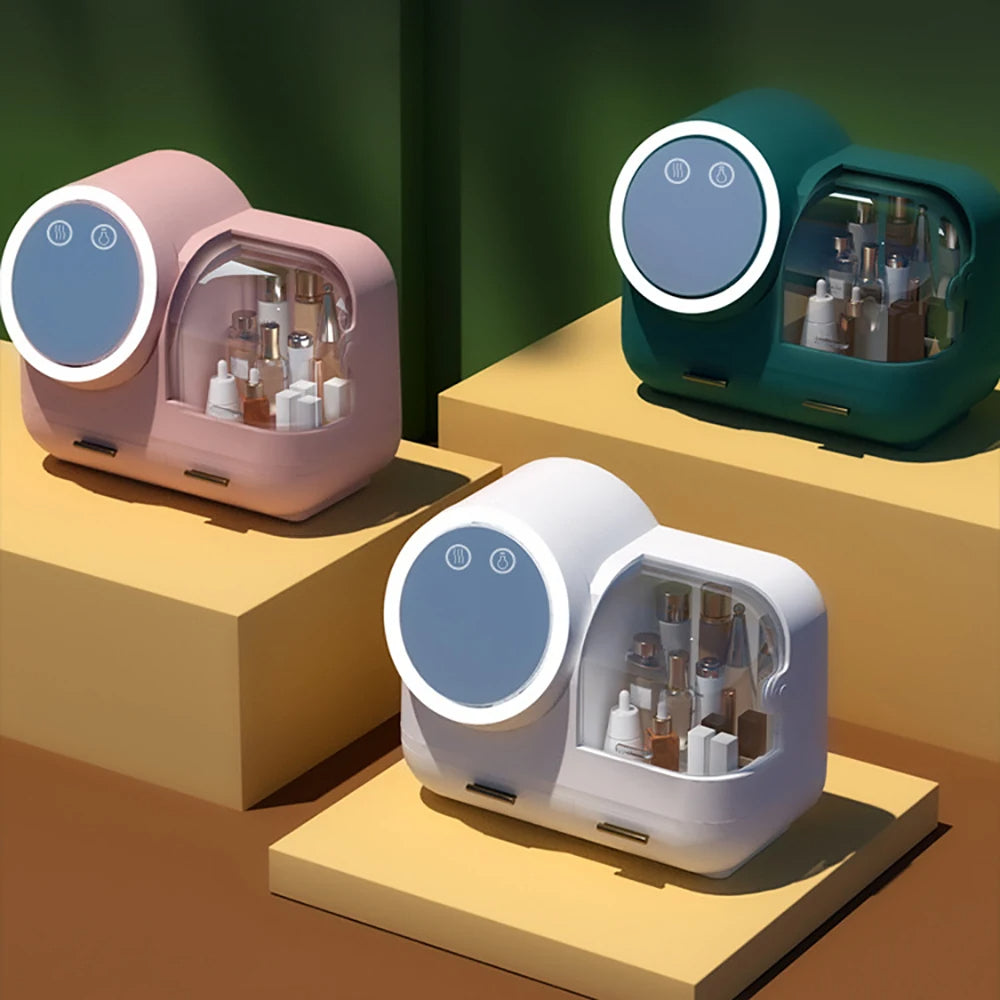 LumiGlow | Makeup Organizer with LED Mirror & Cooling Fan