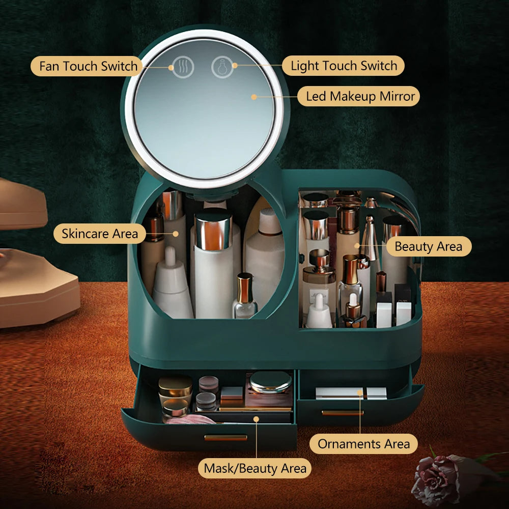 LumiGlow | Makeup Organizer with LED Mirror & Cooling Fan