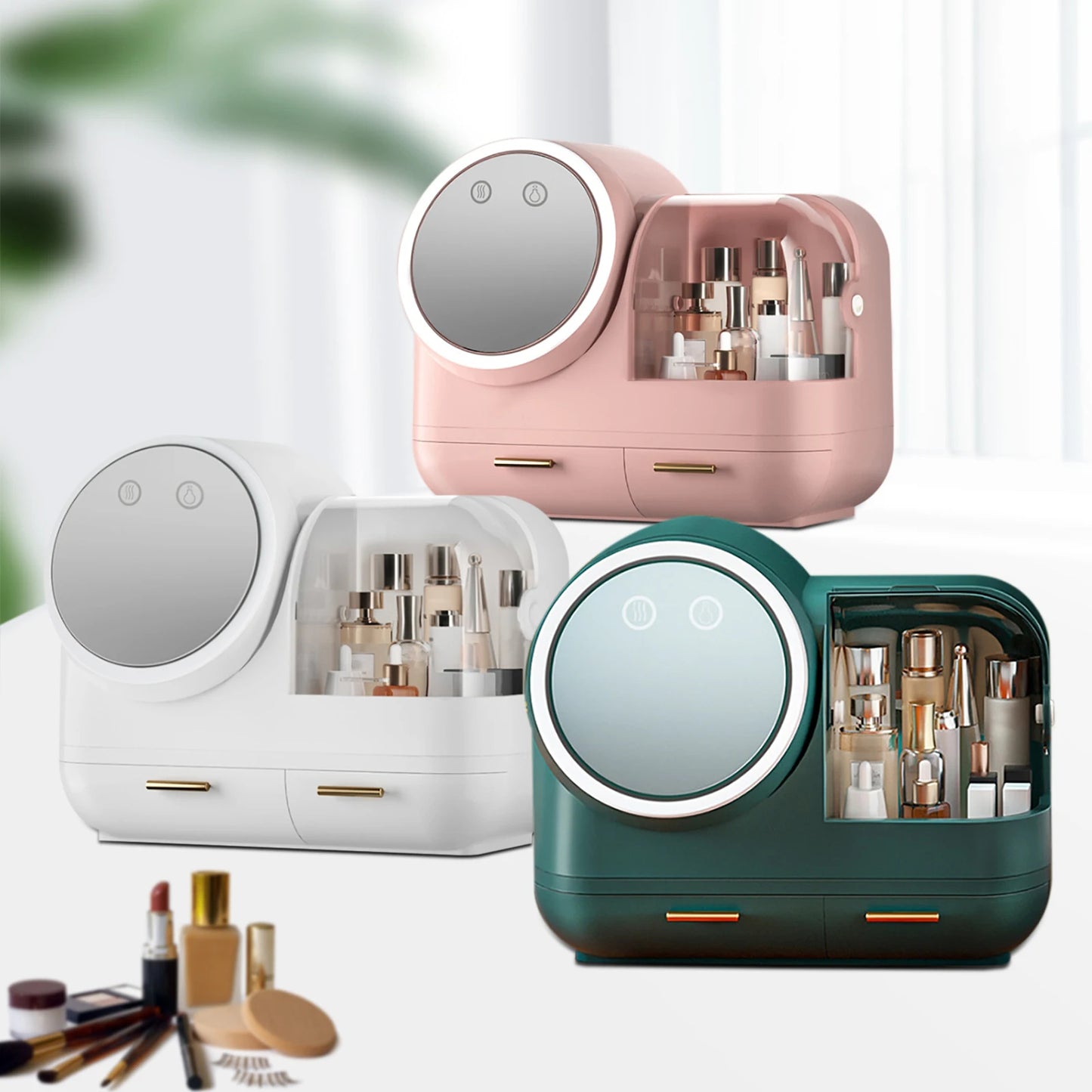 LumiGlow | Makeup Organizer with LED Mirror & Cooling Fan
