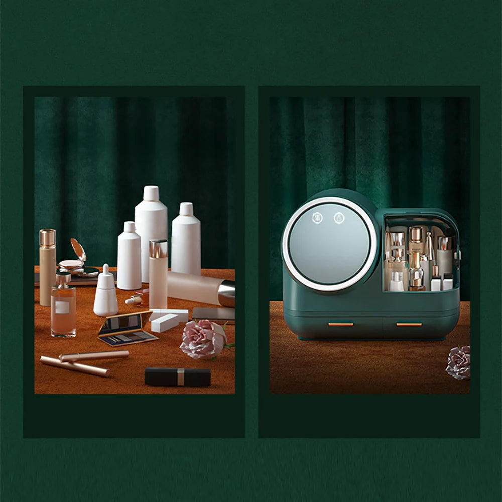 LumiGlow | Makeup Organizer with LED Mirror & Cooling Fan